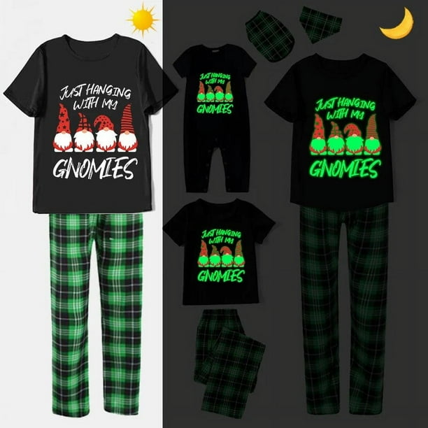 Pijama familiar a juego de Navidad, luminoso, brillante, colgante con My Gnomies, negro, corto, conjunto de pijamas