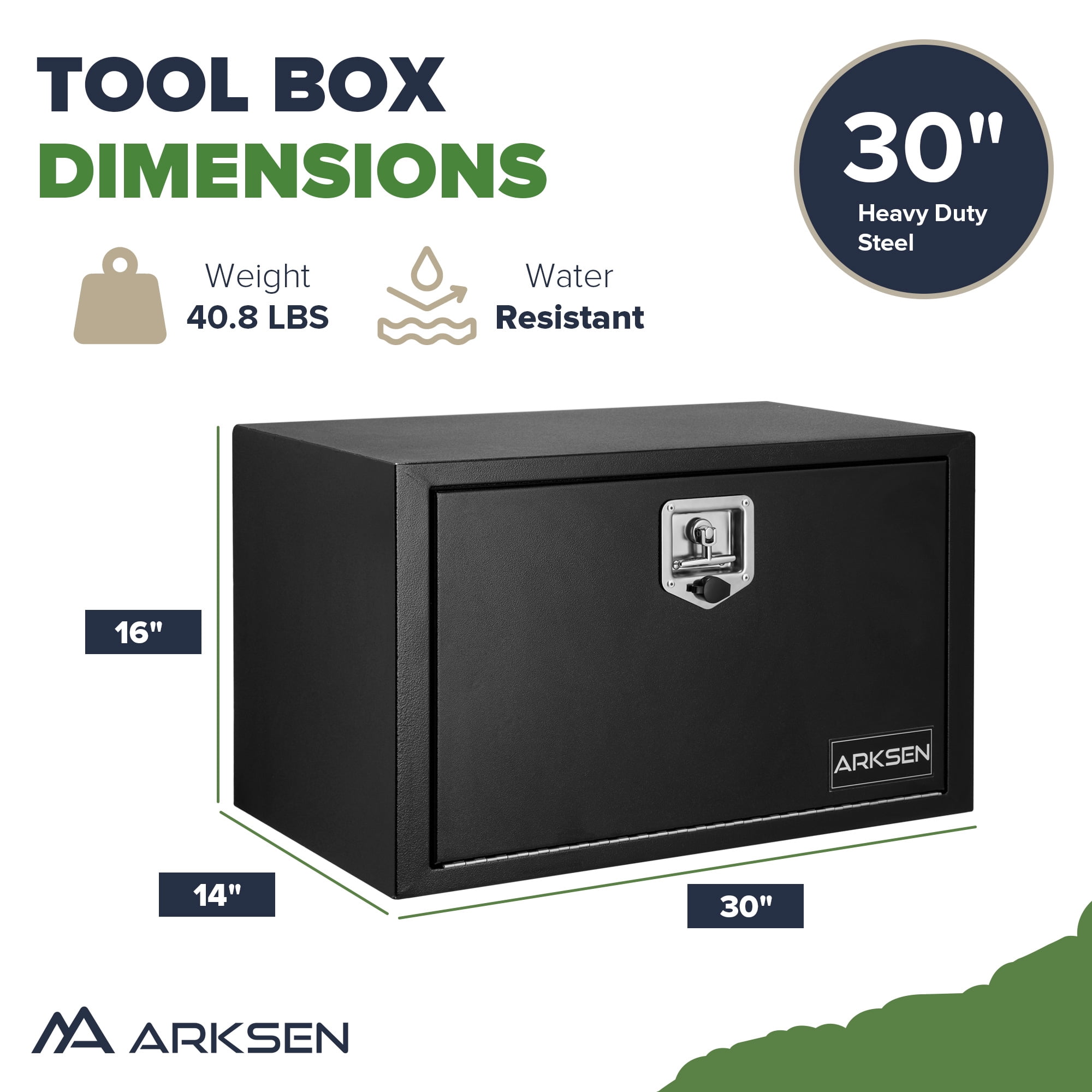 ARKSEN 30 x 14 x 16 Inch Steel Underbody Truck Tool Box, Heavy Duty Waterproof Metal Square Storage Chest with Lock & Keys for Pickup Trucks & Trailers, Black