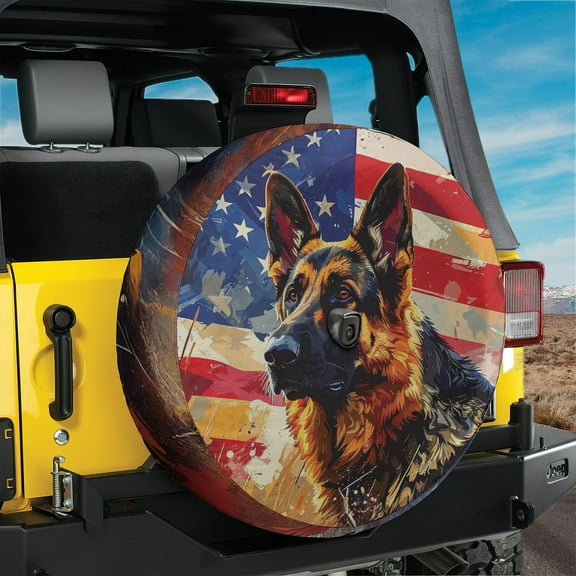 Lotusprinthandmade 3D German Shepherd Dog with America Flag Spare Tire Cover With Backup Camera Hole 6 Sizes (27 in.)