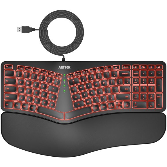 Arteck Ergonomic USB Wired Keyboard with Cushioned Wrist & Palm Rest, Backlit 7 Colors & Adjustable Brightness Comfortable Natural Split Keyboard wit