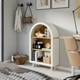 thumbnail image 6 of Arched Small Bookcase with 3 Shelves, Modern Wooden Storage Cabinet with Arched Top, White Finish with Woodgrain Shelves, Entryway Bookshelf for Living Room, Bedroom, 6 of 7