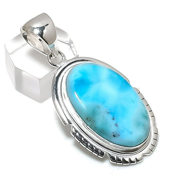 Natural Larimar Gemstone Handmade 925 Sterling Silver Jewelry Pendant 2.05"