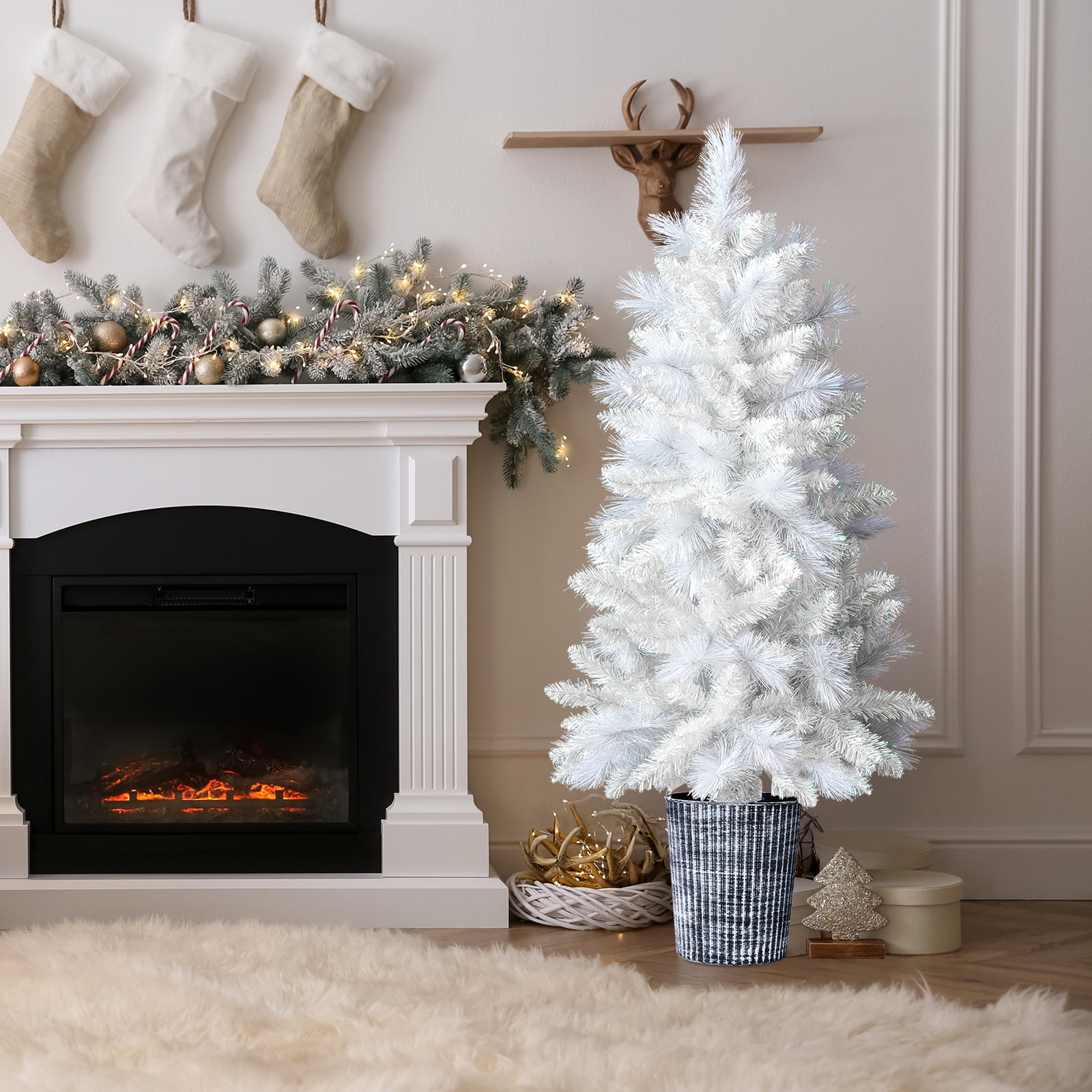 Astoutdoor 4 ft White Artificial Christmas Tree with Pot Stand, 200 Branch Tips, Potted Xmas Pine Tree for Holiday Party Office Home