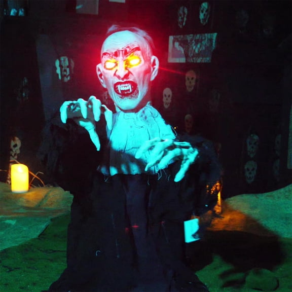 Halloween Vampire Groundbreaker Decoration,Scary Animatronics Vampire with Glowing Eyes and Sounds for Outdoor Graveyard Haunted House,Sounds Activated Animated Zombie Shaking Hands and Head
