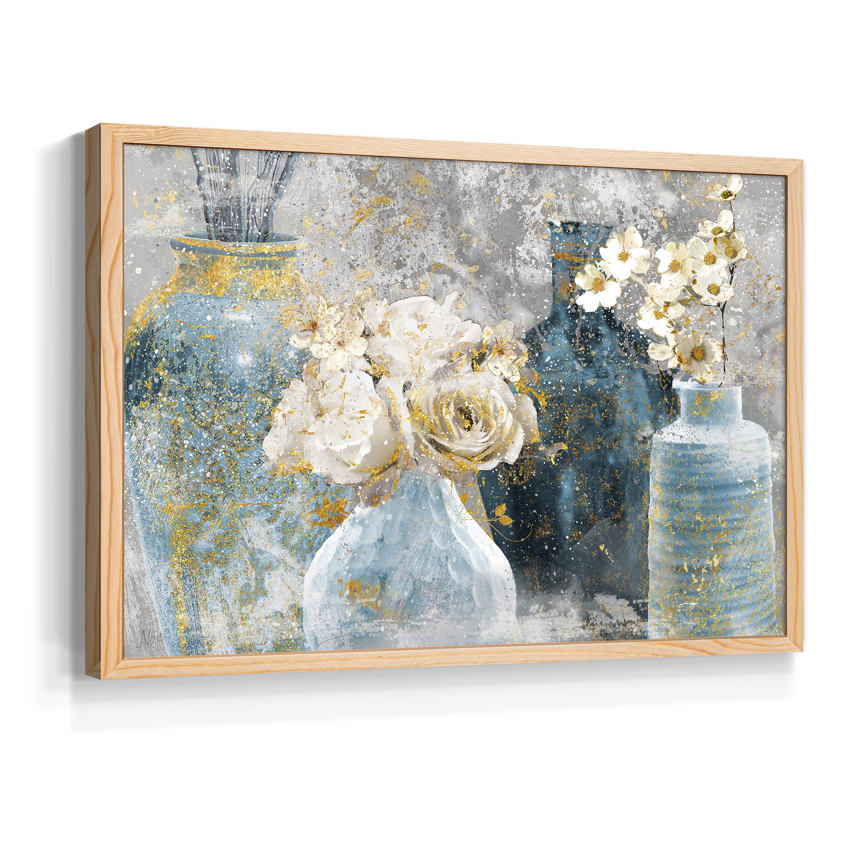 Vessels and Blooms Blues by Nan - Restickable Framed Giclée Print
