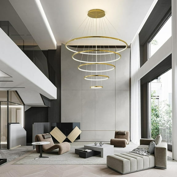 Miumaeov Modern Chandelier Dimmable 5 Rings Chandelier Light Fixture Luxury Gold High Ceiling Chandelier Contemporary Ceiling Pendant Light Fixtures for Foyer Stairs 113W