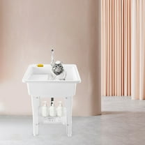 Freestanding Laundry Sink Plastic Basin Tub Utility Wash Bowl with Hot&Cold Faucet/Washboard for Sundry Rooms