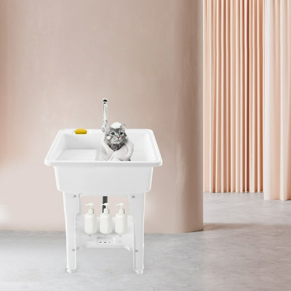 Freestanding Laundry Sink Plastic Basin Tub Utility Wash Bowl with Hot&Cold Faucet/Washboard for Sundry Rooms