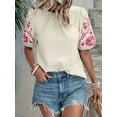 thumbnail image 5 of Women Floral Embroidered Textured Tops Crewneck Puff Short Sleeve Casual Loose Solid Embroidery Blouses Shirts L, 5 of 9