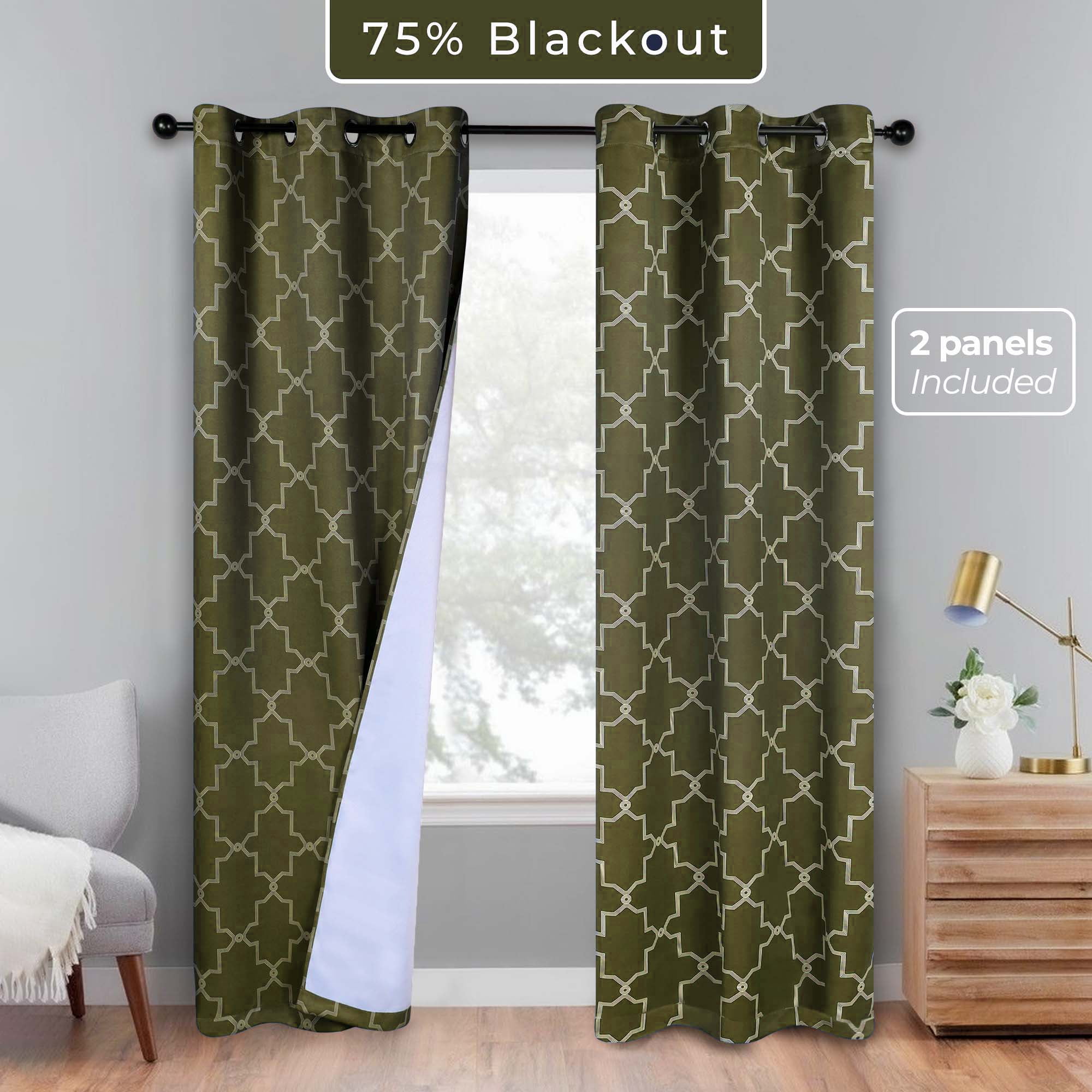Superior Trellis Blackout Grommet Curtain Panel Pair, Set of 2 Curtains, 52"W x 96"L, Olive Green