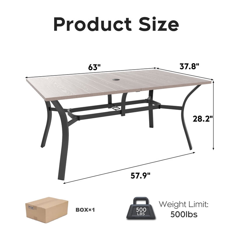 Howcool Outdoor Rectangular Dining Table w/ Imitation Wooden Tabletop, Iron Patio Table w/ Umbrella Hole