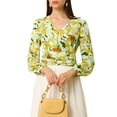 thumbnail image 5 of MODA NOVA Juniors Floral Print V Neck Lantern Long Sleeve Zipper Crop Blouse  Green S, 5 of 6