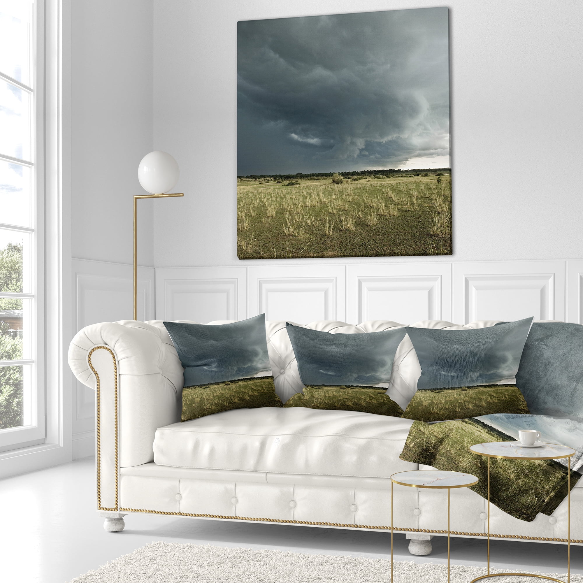 Designart Rainy Cloud over Green Pasture - Landscape Printed Throw Pillow - 16x16