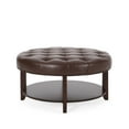 thumbnail image 5 of Baynes Contemporary Faux Leather Tufted Wood Round Ottoman with Open Shelf, Dark Brown and Espresso, 5 of 7