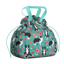 Border Collie Dog and Flower Florals Drawstring Lunch Bag Women - Drawstring Lunch Bag Insulated for Work Office - Stain-Resistant Large Lunchbags for Women with Multi-Pockets