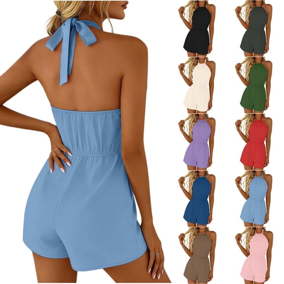 Favoffer Women Halter Neck Jumpsuit Backless Solid Color Romper Elastic Waist Pocketed One Piece Shorts Loose Casual Overalls for Beach Party Daily
