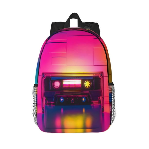 Disketp Neon Cassette Tape Mochila Escolar de 15 Pulgadas, Mochila Ligera para Estudiantes, Viajes y Trabajo, Cómoda y Resistente para el Uso Diario