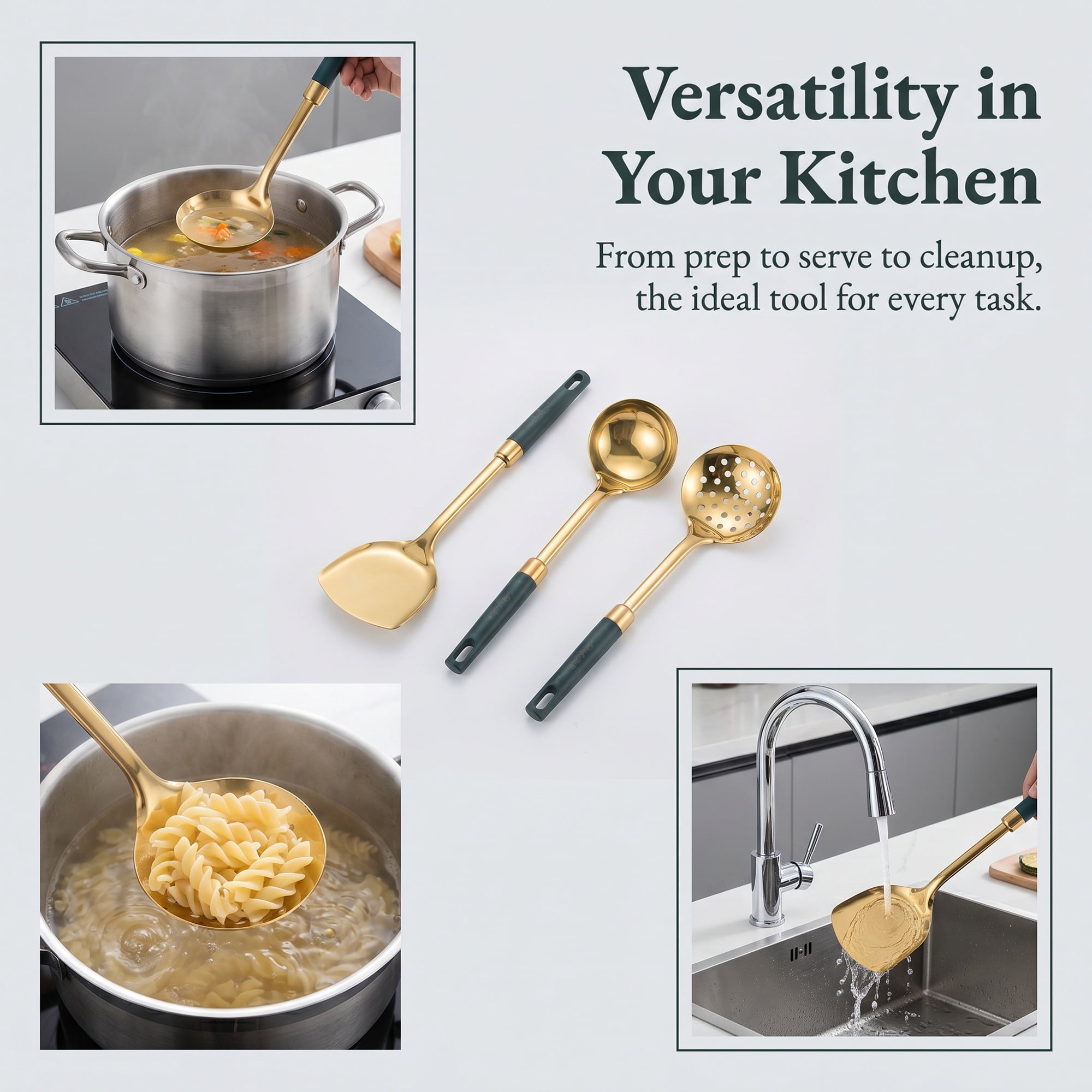 Unique Bargains Color-Blocking Cooking Utensil Set for Home and Gift Green-Gold 3pcs