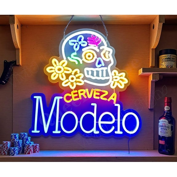 Queen Sense 16"x16" Modelos Especial Cerveza Skull LED Neon Sign for Wall Decor Dimmable USB Powered LED Light W116MECS-5VLED