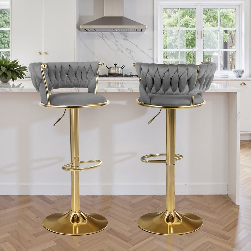 Hawsaiy Modern Velvet Bar Stools Set of 4, Adjustable Height Woven Back Bar Chairs with Footrest and Swivel for Kitchen Island & Dining Room, Dark Gray