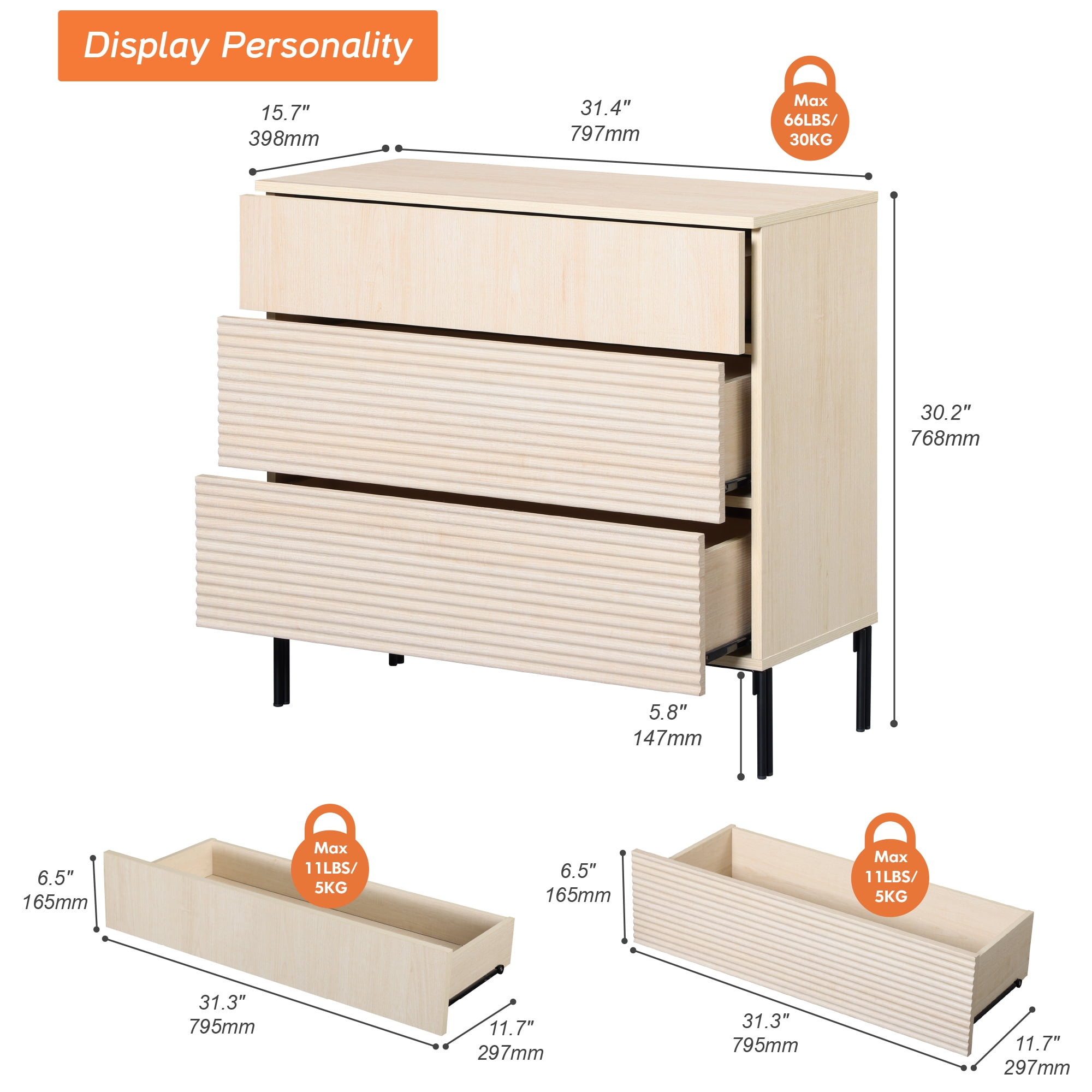 31.5" Wood Accent Chest with Drawers, Modern Credenza Storage Cabinet with Reeded Design for Living Room, Kitchen, Dining Room, Hallway