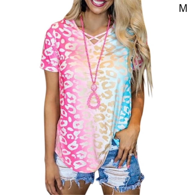 Camiseta con cuello en V y manga corta para niña, camiseta con estampado de verano para mujer, rosa, M kenally AP001867-18