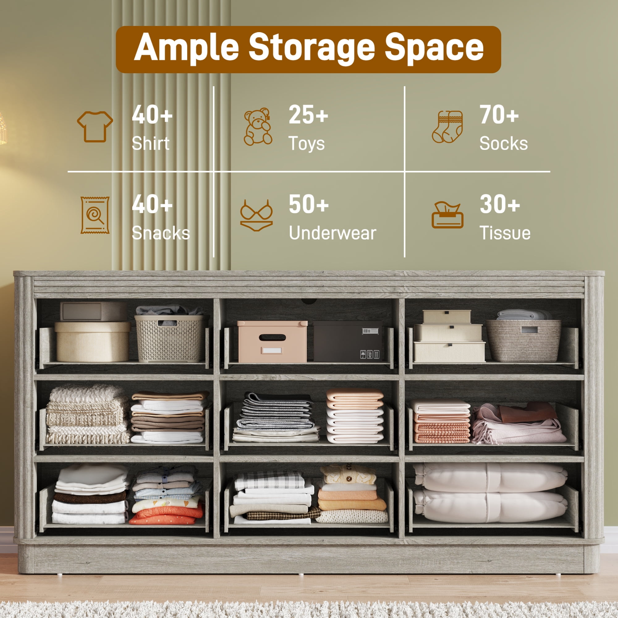 Blotout Fluted 9 Drawers Dresser for Bedroom, 63'' W Chest of Drawers with Power Outlet&Metal Handle, Fluted Fronts, Modern Dresser TV Stand, Wood Clothes Storage Organizer for Living Room, Hallway