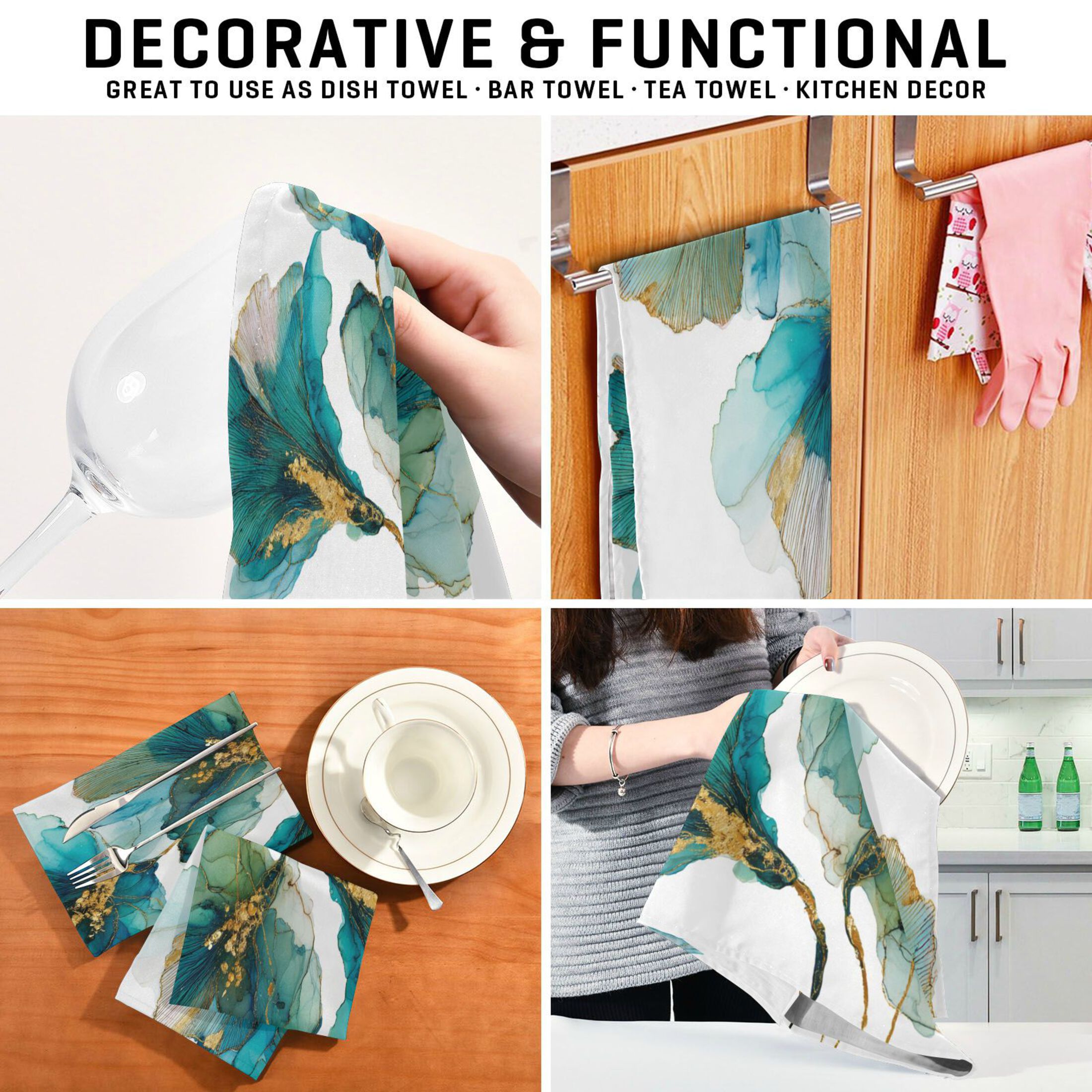 Qxltty Elegant Flower Kitchen Towels 28 x 18 Inch Set of 6 Soft Cotton Linen Feel Dish Towels with Hanging Loop for Drying, Cleaning & Decor