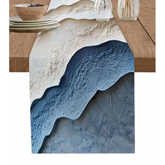 Abstract Blue Beige Table Runner-Cotton Linen- 60 Inch Holiday Dresser Scarves, Beach Sand Waves Ocean Geometric Tablerunner for Kitchen Coffee/Dining Bedroom Living Room Dinner Scarf Décor 13x60
