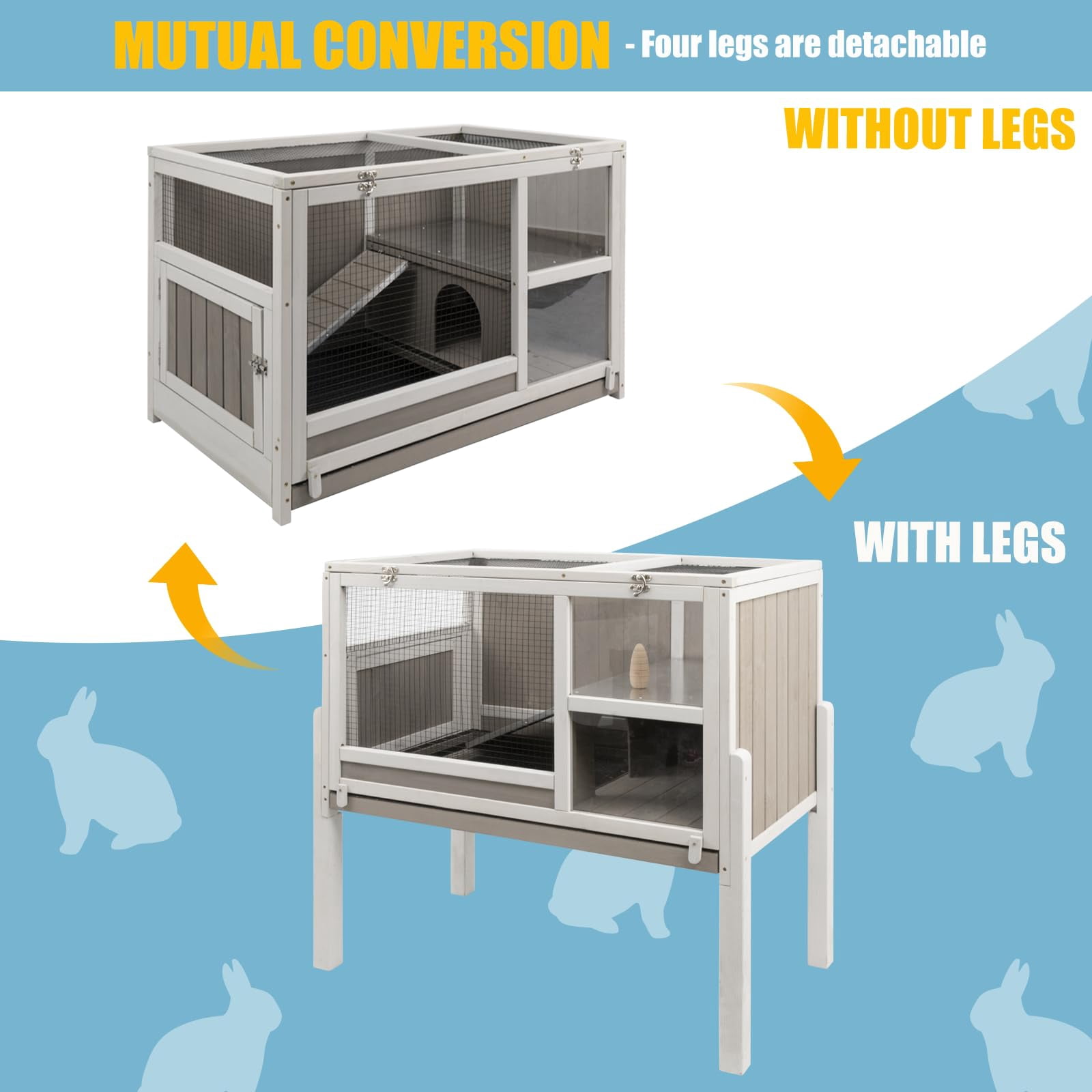 Wooden Guinea Pig Cage Indoor Habitat with Stand, Rabbit Hutch with Ramp and Hideout, Spacious 2-Story Small Animal Cage with Leak-Proof Pull Out Tray, White