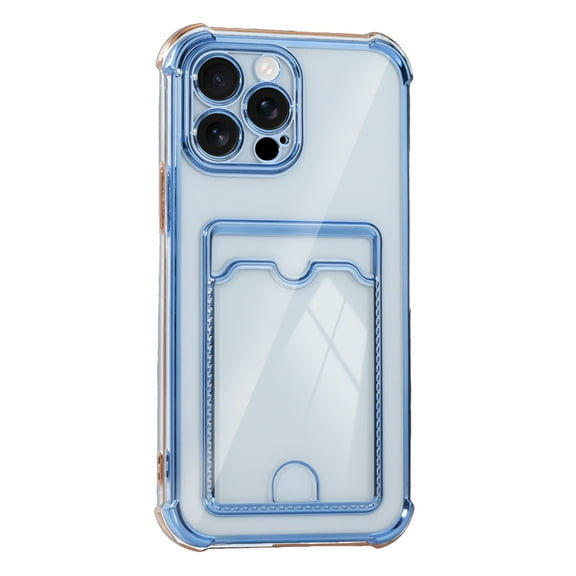 Slim Fit TPU Wallet Case Compatible with iPhone 13 Pro, Luxury Clear Protective Drop Resistant with Plating Bumper Frame, Cute Credit Card Holder Pocket Case, for iPhone 13 Pro, Blue
