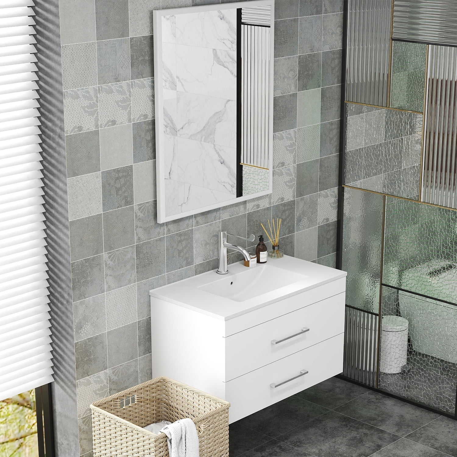 Demi Bonn 32" Wall-Mounted Bathroom Vanity with Ceramic Sink, 2 Soft-Close Drawers and Aluminum Frame Mirror, Faucets and Drains Not Included, White