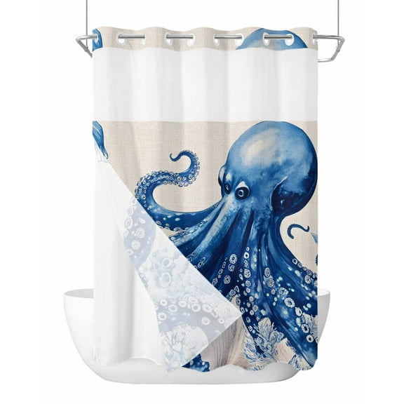 No Hook Shower Curtains with Snap in Liner, Blue Octopus Coastal Fabric Shower Curtain, Nautical Summer Beach Ocean Rustic Double Layers & See-Through Top Window Bathroom Curtains 60''x72''