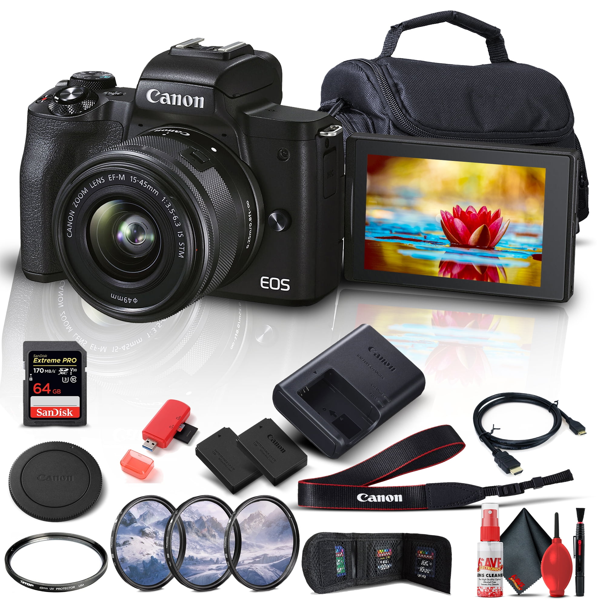 marked bison kind Canon EOS M50 Mark II Mirrorless Digital Camera with 15-45mm Lens  (4728C006) + 64GB Extreme Pro Card + Extra LPE12 Battery + Case + UV Filter  + Card Reader + 3 Piece