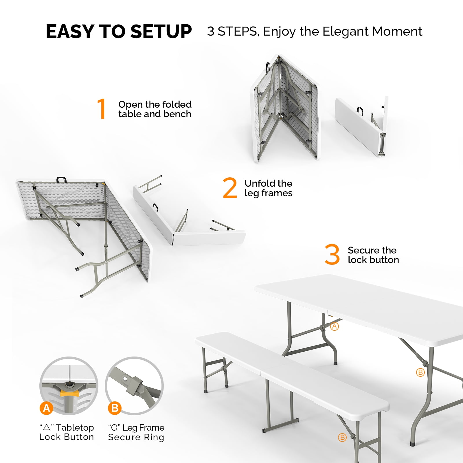 Ktaxon 3-Piece Outdoor Picnic Tableset, 6Ft HDPE Folding Table with 2 Folding Benches, High Quality Weather Resistant Patio Set for Indoor Outdoor Camping Parties Commercial Events