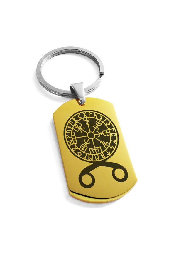 Stainless Steel Binding Vegvisir Troll Cross Runic Viking Engraved Dog Tag Keychain Keyring