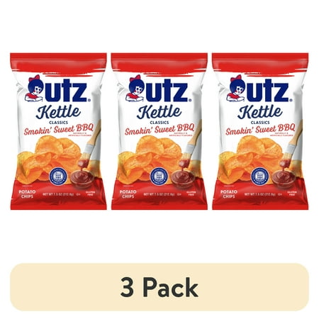 (3 pack) Utz Kettle Classics Smokin' Sweet BBQ Potato Chips, Gluten-Free, 7.5 oz Bag