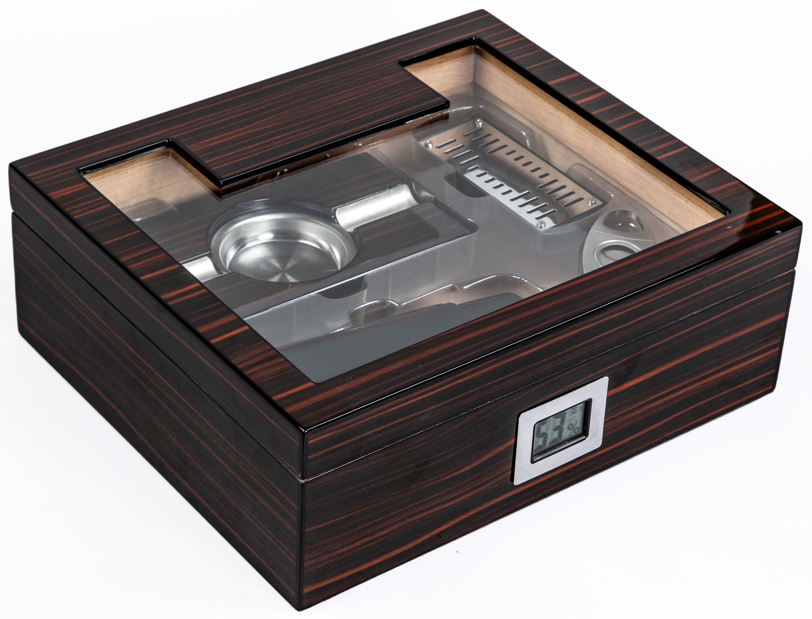 Kensington Cigar Humidor Gift Set w/ External Digital Hygrometer - Cherry Ebony Lacquer Finish - Capacity: 75