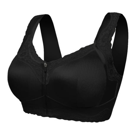 IDALL Bras for Women No Underwire Sports Bras for Women Large Bust Sports Bra Size Wireless Lace Zip Breathable Plus Satin Front Hem -Sagging Womens Sports Bras Lingerie Black XL
