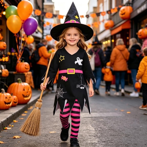 JCCXIN Toddler Baby Girls Witch Halloween Outfits Ghost Graphic Dress-Up Party Clothes Long Sleeve Dresses With Striped Pants 2 PC Set Trick Or Treat School Carnival Cool Outfit,Black,6-12 Months