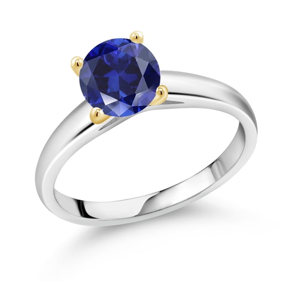 Gem Stone King 1.60 Ct 7mm Round Blue Created Sapphire 925 Silver and 10K Yellow Gold Ring Ring (Size 8)