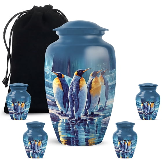 JAGASY Penguin Burial Combo Urn Set of 5, Blue Small Urns for Ashes Keepsake, Icy Water Decorative Urns for Couple, Glacier Large Cremation Urn for Husband & Wife, (1 Large, 10" & 4 Small, 3")