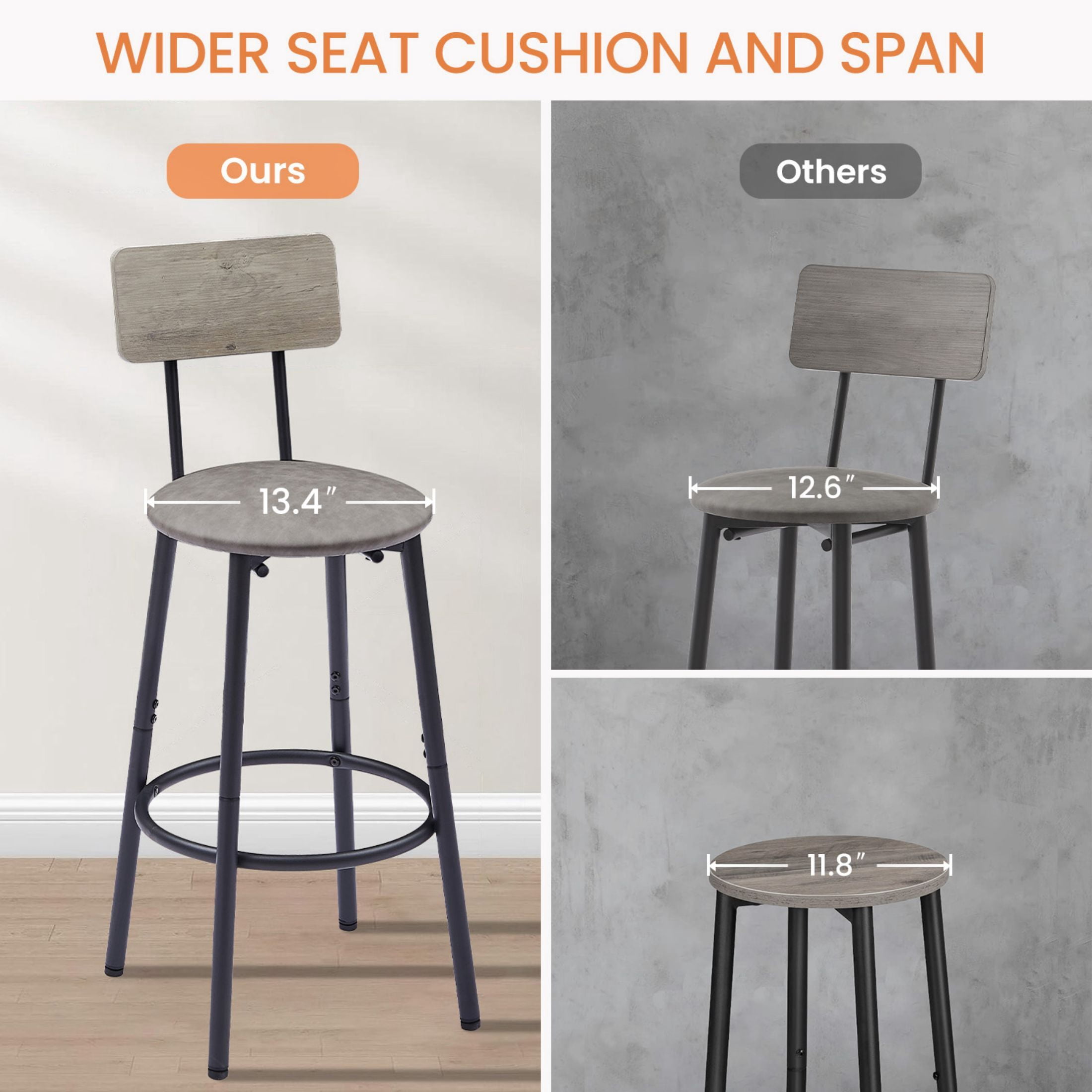 DEALTOPS Round bar stool set with shelf, upholstered stool with backrest-Grey, 23.62'' W x 23.62'' D x 35.43'' H