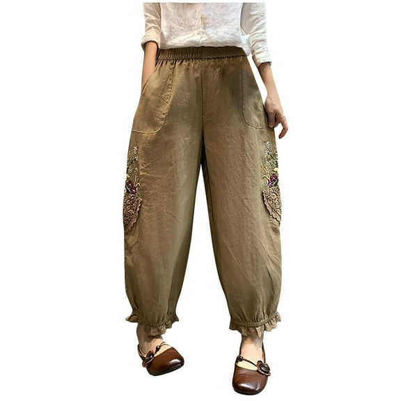 Plebaso Pants for Women Vintage Embroidered High Waist Casual Cropped Trouser Ladies Linen Lantern Pants with Pockets