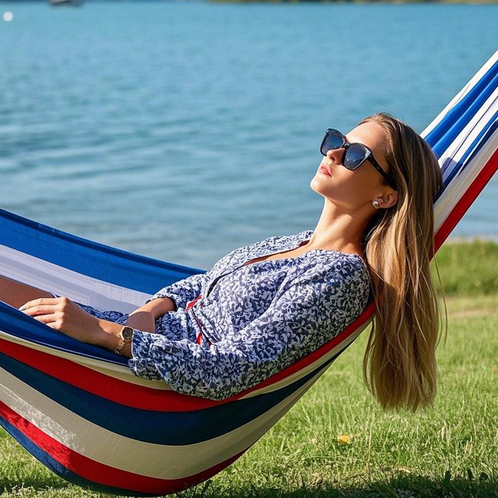 Double Hammock with Stand Sturdy 440lbs Capacity Hammock for Camping Outside Garden Outdoor Indoor Patio Backyard, Blue