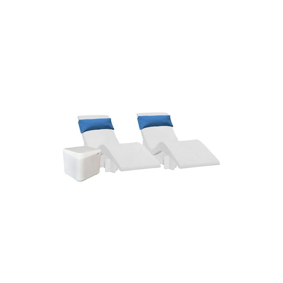 Aqua Outdoors in-Pool DEEP Ledge Chaise Set - Two Chaises - Two Headrest Pillows - Two Chaise Risers and One Large in Pool Side Table - for ledges 9"-14" inches Deep (White Granite-Blue)