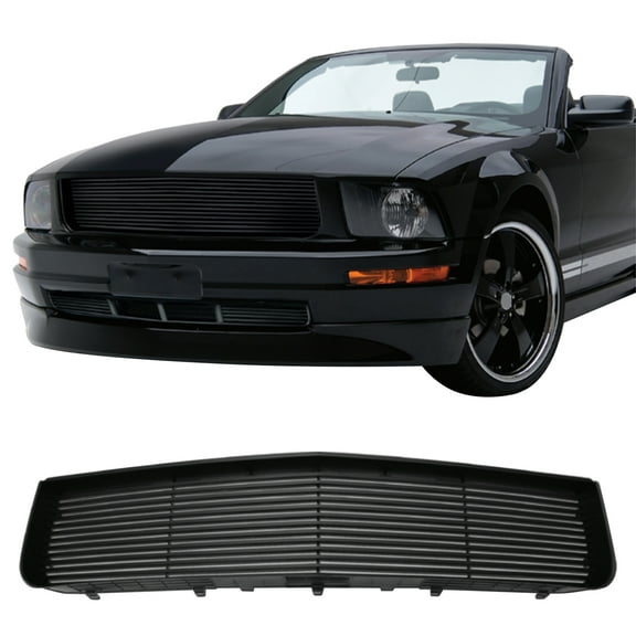 Ikon Motorsports Front Upper Grille, Compatible with 2005-2009 Ford Mustang V6, Billet Style Black ABS Plastic Replacement Front Bumper Hood Grill 2PCS