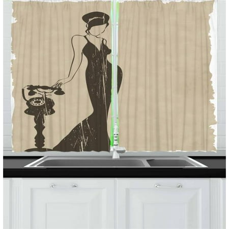 Vintage Woman Curtains 2 Panels Set, Woman Model Silhouette in Stylish Dress Waiting for Telephone Call, Window Drapes for Living Room Bedroom, 55W X 39L Inches, Beige and Dark Taupe, by