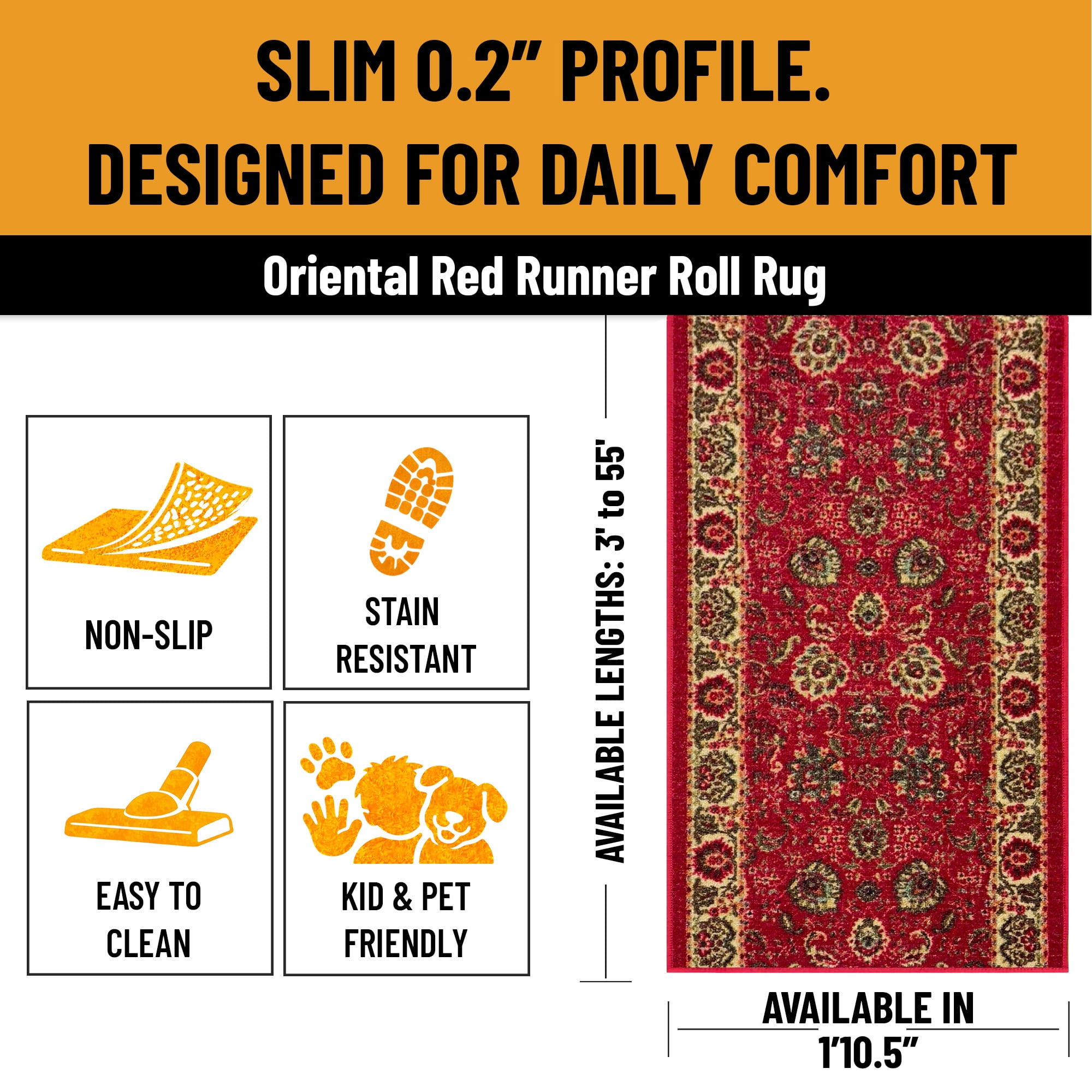 Ottomanson Extra Long Runner Rug 1'10.5" x 55' – Non-Slip Low Pile Hallway Carpet, Oriental Red