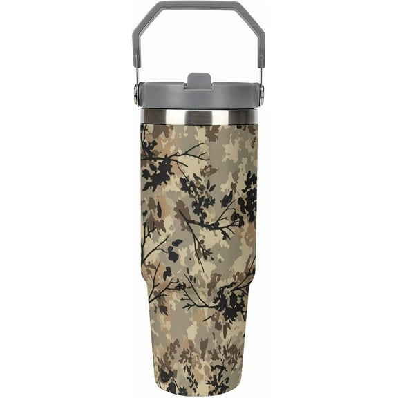 30 Oz Insulated Tumblers with Flip Straw Lid Top Handle Hunter Camouflage Pattern Leakproof Reusable Vacuum Stainless Steel Travel Coffee Mug for Car
